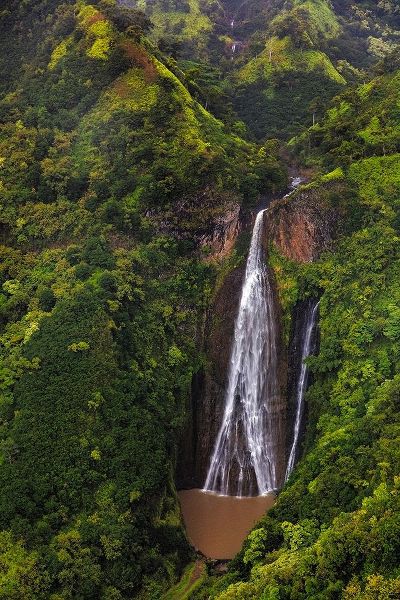Lush Inland waterfalls during helicopter tour in Kauai-Hawaii-USA